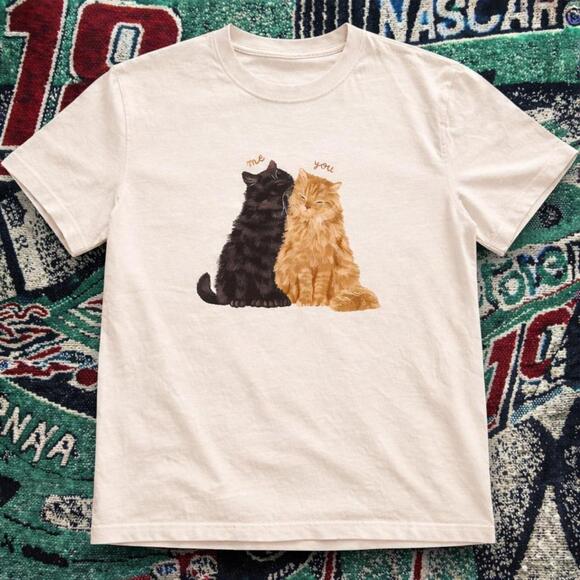 Tops - Cute Me & You Cats Graphic Tee Cream Unisex T-Shirt